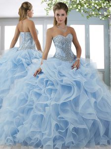 Customized Light Blue Sweetheart Lace Up Beading Vestidos de Quinceanera Sweep Train Sleeveless