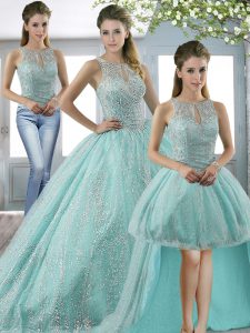 Scoop Sleeveless Tulle Sweet 16 Quinceanera Dress Beading Sweep Train Lace Up