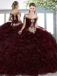 Glamorous Burgundy Organza Lace Up 15th Birthday Dress Sleeveless Court Train Beading and Appliques and Ruffles