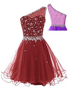 Glamorous Wine Red Tulle Side Zipper One Shoulder Sleeveless Mini Length Womens Party Dresses Beading