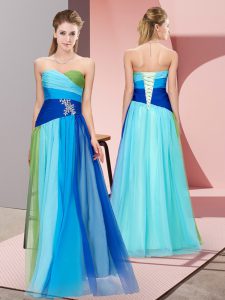 Unique Multi-color Empire Chiffon Sweetheart Sleeveless Beading Floor Length Lace Up Juniors Evening Dress