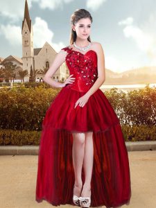 Sexy A-line Wine Red One Shoulder Tulle Sleeveless High Low Lace Up