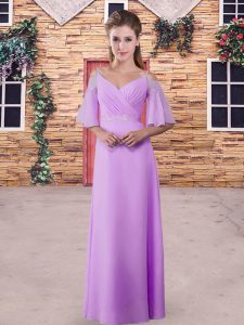 Floor Length Lilac Quinceanera Court of Honor Dress Straps Half Sleeves Zipper