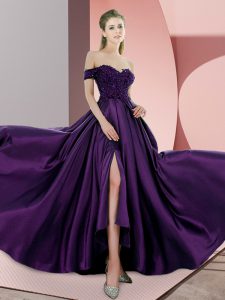 Fabulous Sweep Train Empire Womens Party Dresses Purple Off The Shoulder Elastic Woven Satin Sleeveless Backless