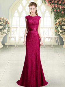 Sophisticated Scoop Cap Sleeves Sweep Train Backless Evening Dress Red