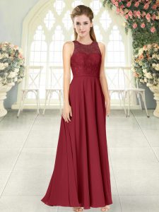 Smart Floor Length Burgundy Prom Dresses Chiffon Sleeveless Lace