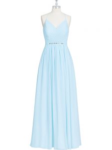 Stylish Light Blue Zipper Evening Dress Ruching and Pleated Sleeveless Floor Length