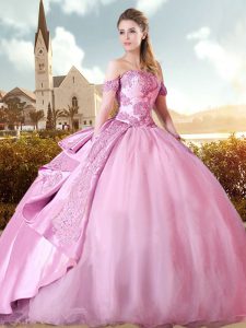 Off The Shoulder Sleeveless Sweet 16 Dress Sweep Train Beading and Appliques Lilac Satin