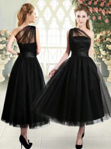 Fine Sleeveless Tea Length Ruching Side Zipper Prom Dress with Black