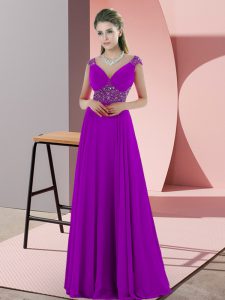 Spaghetti Straps Sleeveless Prom Dress Sweep Train Beading Purple Satin