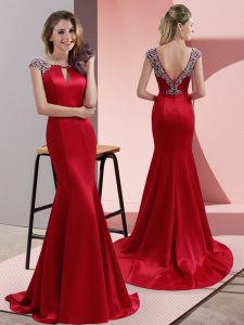 Dynamic Cap Sleeves Elastic Woven Satin Sweep Train Backless Juniors Evening Dress in Red with Beading