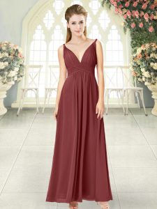 Noble Wine Red Sleeveless Floor Length Ruching Backless Evening Dress