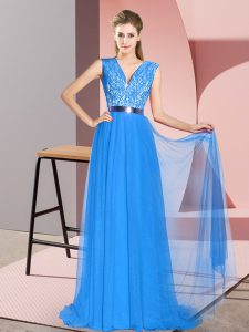Dazzling Blue Empire Beading and Lace Zipper Tulle Sleeveless
