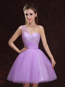 Hot Sale One Shoulder Lilac Lace Up Bridesmaid Dresses Lace and Ruching Sleeveless Mini Length
