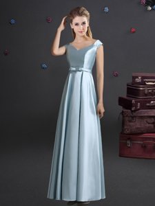 Off the Shoulder Light Blue Empire Bowknot Vestidos de Damas Zipper Elastic Woven Satin Cap Sleeves Floor Length