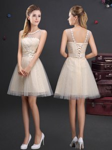 Champagne A-line Tulle Scoop Sleeveless Beading and Lace and Appliques and Belt Mini Length Lace Up Court Dresses for Sweet 16