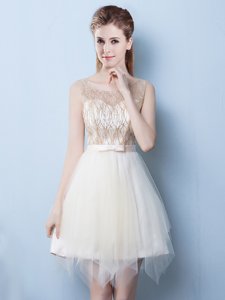Scoop Sequins Champagne Sleeveless Tulle Lace Up Bridesmaid Dress for Prom and Party and Wedding Party