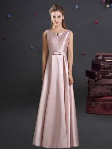 Smart Straps Straps Floor Length Pink Quinceanera Court Dresses Elastic Woven Satin Sleeveless Bowknot