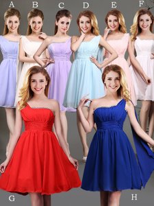 Red and Champagne Empire Chiffon One Shoulder Sleeveless Beading and Ruching Mini Length Zipper Wedding Guest Dresses