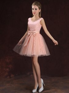 Luxury Mini Length Peach Damas Dress Tulle and Lace Sleeveless Lace and Bowknot