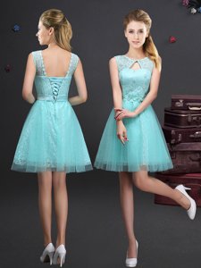 Aqua Blue Lace Up Scoop Lace and Appliques and Belt Court Dresses for Sweet 16 Tulle Sleeveless