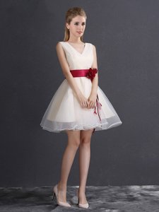 Exceptional Champagne Organza Lace Up V-neck Sleeveless Mini Length Quinceanera Dama Dress Hand Made Flower