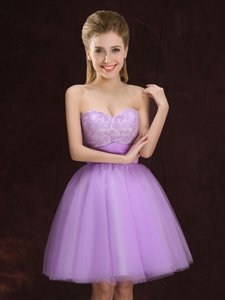 Lilac A-line Tulle Sweetheart Sleeveless Lace and Ruching Mini Length Lace Up Quinceanera Court of Honor Dress
