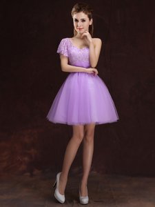 One Shoulder Lilac Ball Gowns Lace and Ruching Bridesmaid Dresses Lace Up Tulle Sleeveless Mini Length