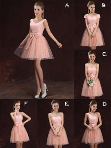 Best Tulle and Lace V-neck Sleeveless Lace Up Lace and Bowknot Quinceanera Court of Honor Dress in Peach