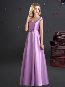 Elastic Woven Satin Off The Shoulder Cap Sleeves Zipper Bowknot Dama Dress for Quinceanera in Lilac