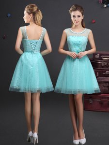 Classical Scoop Aqua Blue Lace Up Vestidos de Damas Beading and Lace and Appliques and Belt Sleeveless Mini Length