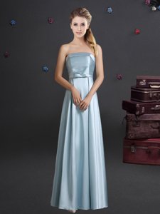 Graceful Floor Length Light Blue Damas Dress Elastic Woven Satin Sleeveless Bowknot