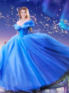 Cinderella Off the Shoulder Sleeveless Floor Length Beading and Bowknot Lace Up Quinceanera Gowns with Royal Blue