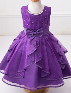 Eggplant Purple A-line Organza Scoop Sleeveless Beading and Ruffles and Bowknot Floor Length Zipper Flower Girl Dresses for Less