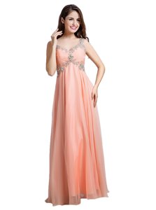 Best Floor Length Peach Mother Of The Bride Dress Organza Sleeveless Beading