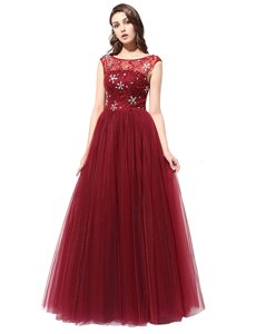 Scoop Burgundy Zipper Beading Sleeveless Floor Length