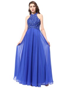 Beauteous Chiffon Halter Top Sleeveless Backless Beading and Lace Prom Gown in Blue