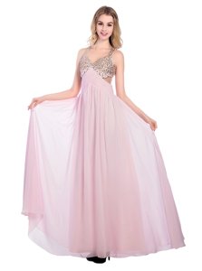 Enchanting V-neck Sleeveless Evening Dress Floor Length Beading and Bowknot Lilac Tulle
