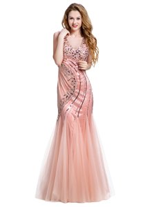 Mermaid V-neck Sleeveless Tulle Prom Gown Beading Lace Up
