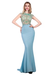 Light Blue Column/Sheath Scoop Sleeveless Silk Like Satin With Train Sweep Train Zipper Beading Prom Dresses