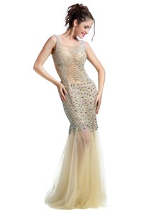 Perfect Mermaid Champagne Tulle Backless Evening Dress Sleeveless Floor Length Beading
