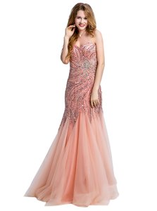 Delicate Mermaid One Shoulder Floor Length Peach Dress for Prom Tulle Sleeveless Beading