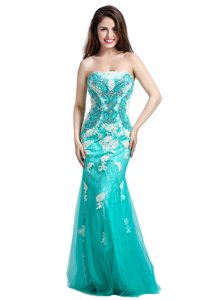 Affordable Mermaid Tulle Strapless Sleeveless Zipper Beading and Appliques Homecoming Dress in Turquoise