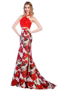 Mermaid Halter Top Sleeveless Printed With Brush Train Zipper Formal Evening Gowns in Multi-color for with Lace and Pattern
