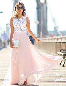 Amazing Floor Length Pink Prom Evening Gown Scalloped Sleeveless Zipper