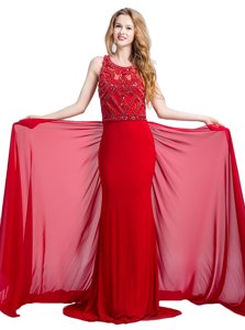 Scoop Beading Prom Dress Red Zipper Sleeveless With Train Court Train