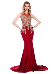 Dramatic Scoop Wine Red Sleeveless With Train Lace and Appliques Side Zipper Mother Of The Bride Dress