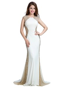 Affordable Scoop Sleeveless With Brush Train Beading White Chiffon