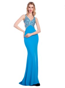 Sleeveless With Train Beading Clasp Handle Evening Dress with Baby Blue