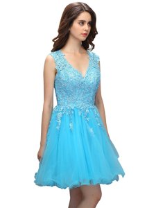 Adorable Turquoise Sleeveless Beading and Ruffled Layers Mini Length Club Wear